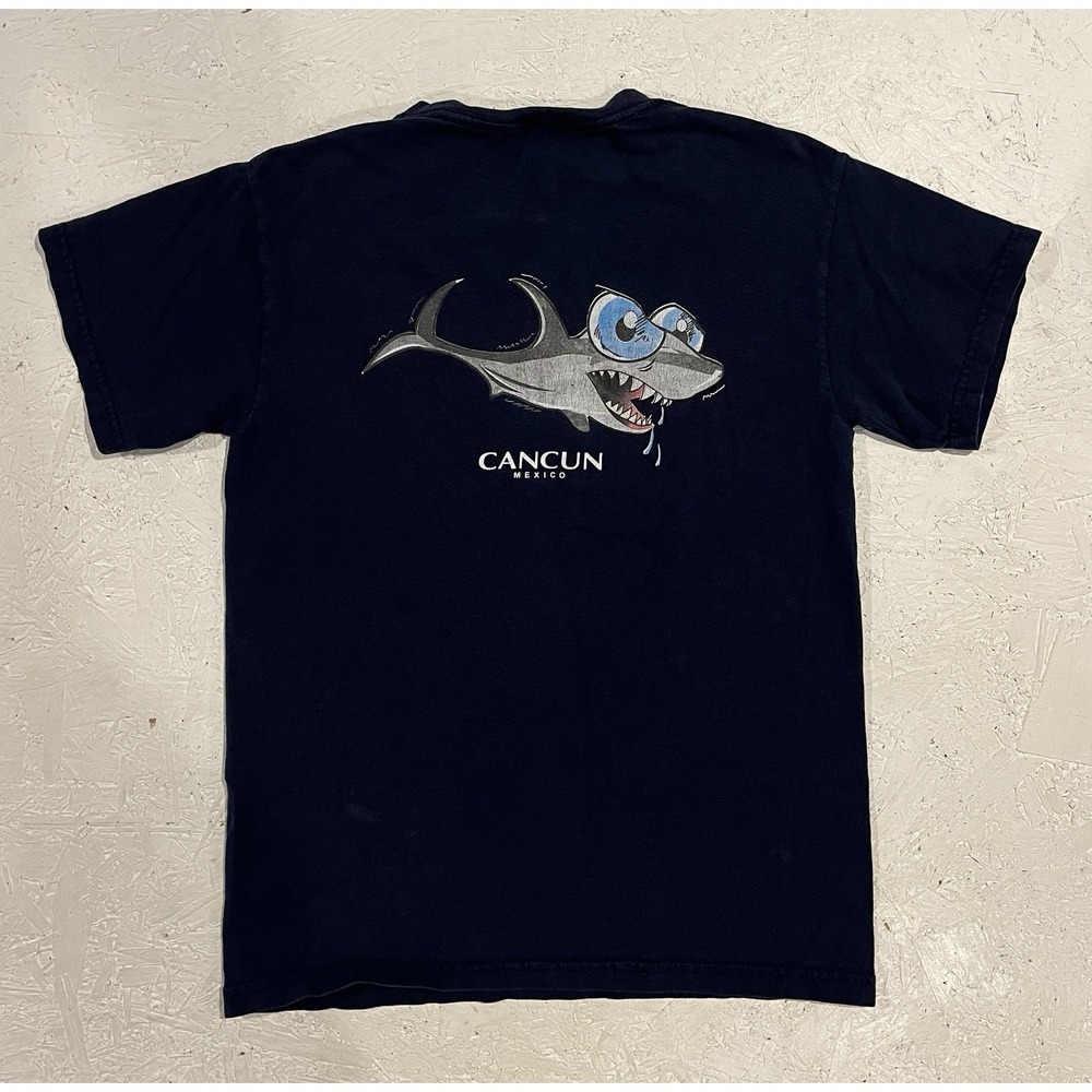 Vintage Cancun Mexico Shirt Sharks Mens Small Blue Short Sleeve Fishing‎